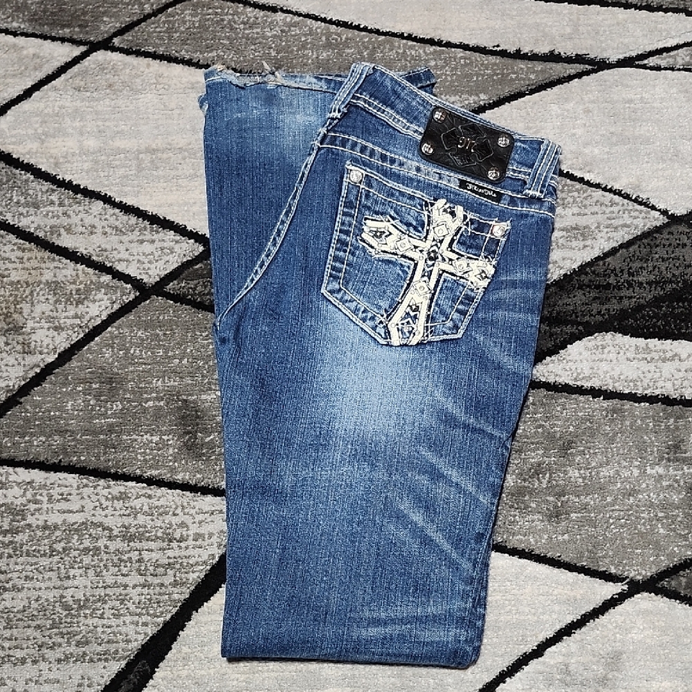 MISS ME EMBROIDERED CROSS RHINESTONES STUDDED ACCENTS BOOT-CUT DENIM JEAN